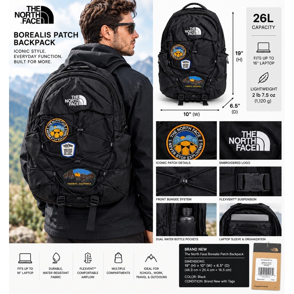The North Face Borealis Patch Backpack TNF Black One Size 26L Laptop NEW w tags